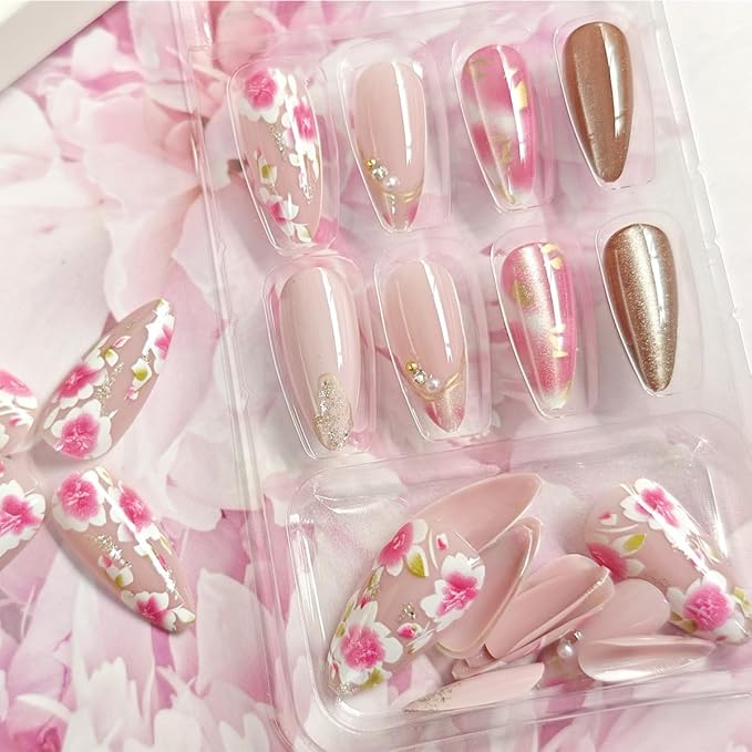 24Pcs Pink Flower Press on Nails Medium Almond Fake Nails 3D Pearl Rhinestones Peach Blossom with Gold Foils Glitter Full Cover Artificial Nail Stick on Nails Spring False Nails for Women Acrylic Nail