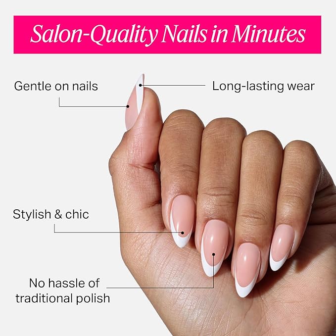 Nailboo Press On Nails, Salon-Quality Reusable Fake Nails for Fast DIY Manicure with Strong Hold Nail Glue for Press Ons, Nail File, & Alcohol Prep Pads, Frenchie