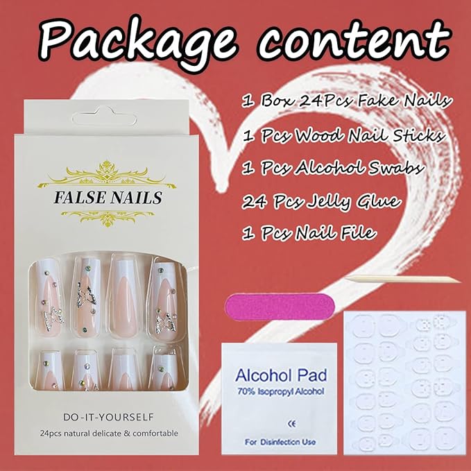 24 Pcs Long Press on Nails White French Tips Fake Butterfly Rhinestone Full Cover Coffin False with Charms Nail Decorations Glitter Acrylic Glue for Women Girls, 3.0 Ounce