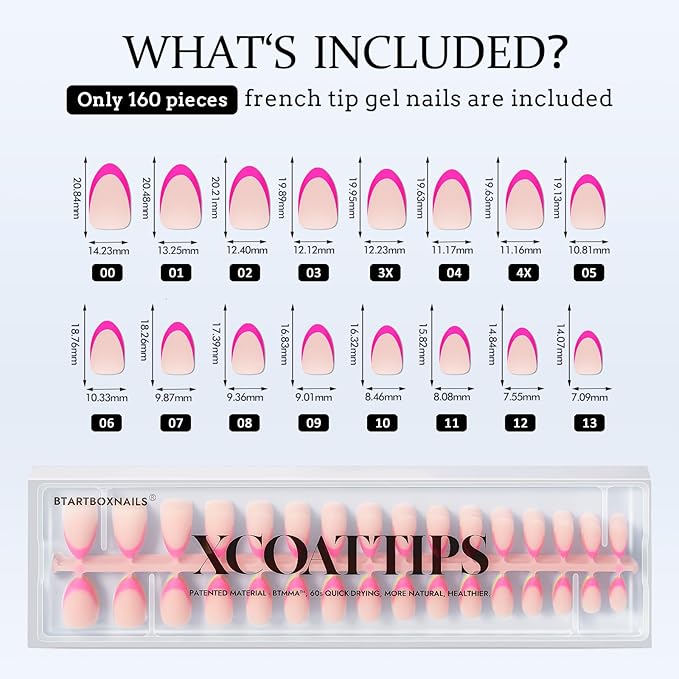 BTArtboxnails XCOATTIPS French Gel Nails - French Tip Press on Nails, Short Almond Nail Tips, Brighter Pastel Soft Gel Nails False Nail, Soak Off Acrylic Fake Nails Art Extensions