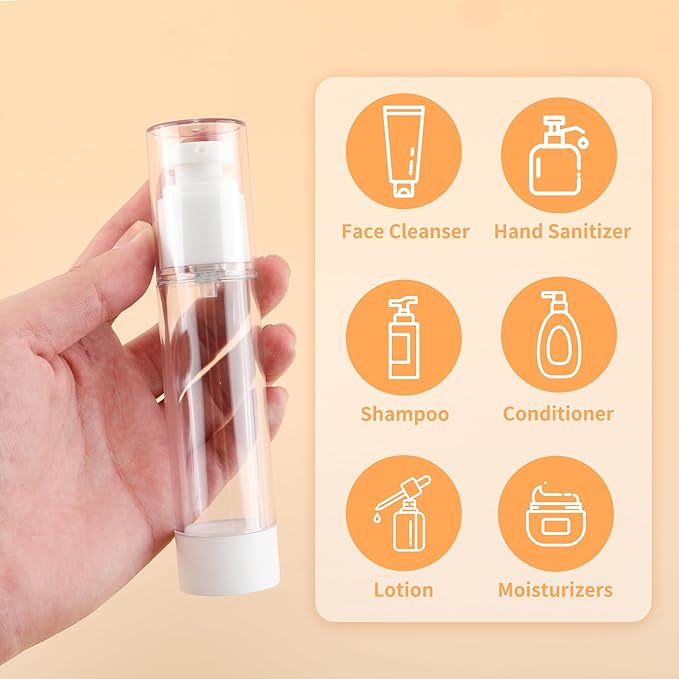 1.7 Oz 50ml Clear Airless Cosmetic Cream Pump Bottle Travel Size Dispenser Refillable Containers/Foundation Travel Pump Bottle for Shampoo (Pack of 20)