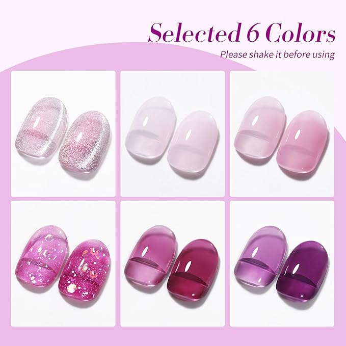 BORN PRETTY Jelly Purple Gel Nail Polish Transparent Sheer Pink Grape Purple Shimmer Glitter Jelly Gel Polsih Nail Art Manicure DIY at Home 6PCS