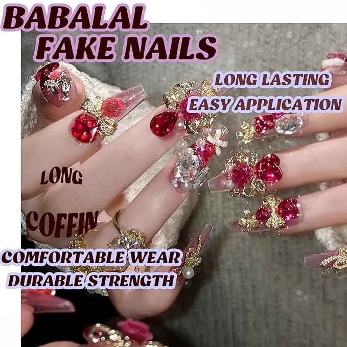 BABALAL Press on Nails Long Coffin Fake Nails Pink Glue on Heart Bow Charm Luxury Shine Acrylic Nails 24Pcs DIY Glossy Bling Artificial False Nails Supplies Handmade Ballerina Nail for Women Nails Art