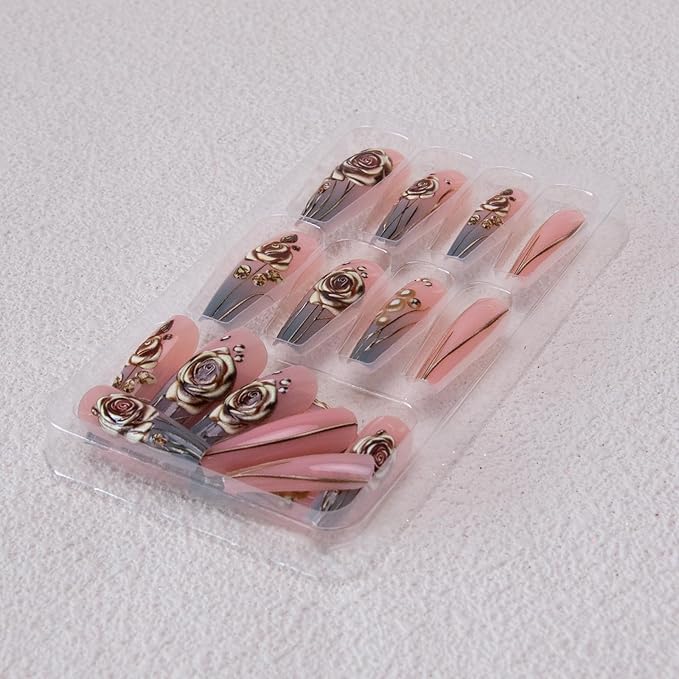 Coffin Press on Nails Medium Square Fake Nails 3D Flower Acrylic Nails Ombre Line Designs Glossy False Nails Glue on Nails Spring Artificial Nails for Women Girls Manicure 24Pcs