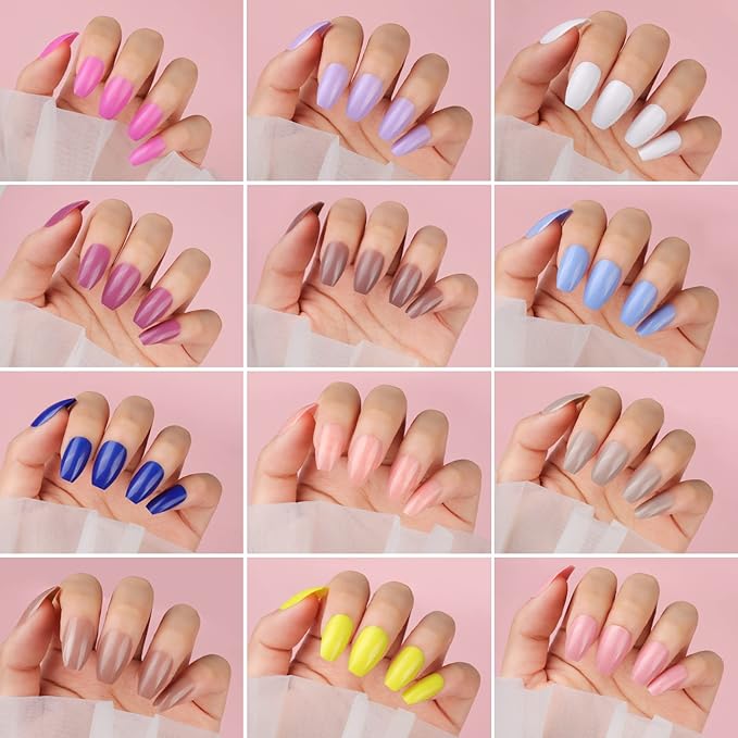 FANDAMEI Press on Nails Medium Length, 24 Pack 576PCS Glossy Medium Coffin Fake Nails Full Cover, Acrylic Short Ballerina False Nail tips with Nail Glue, Nail Adhesive Tabs, Nail File for Nail Art DIY