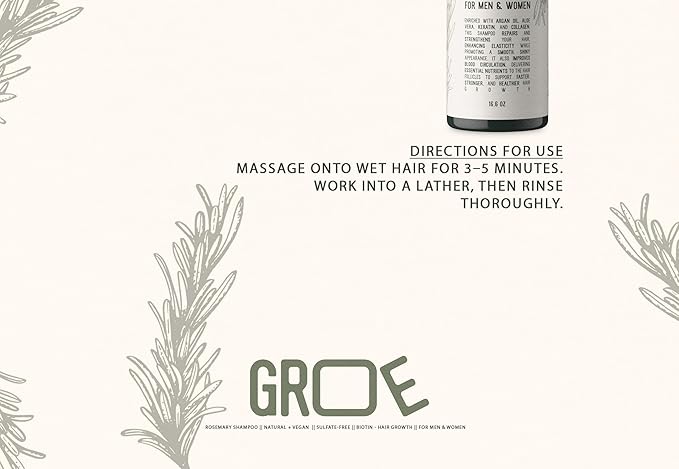 GROE ROSEMARY Anti-Thinning Biotin Hair Growth Shampoo (16.6oz) Natural & Vegan, Sulfate-Free, CLINICALLY TESTED Effective Results, Women & Men