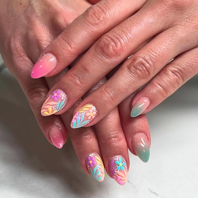 Short Almond Press on Nails Colorful Fake Nails Flower False Nails Floral Grass Gradient Design Glossy Summer Glue on Nail Acrylic Full Cover Stick on Nails for Women Decor Salon Manicure