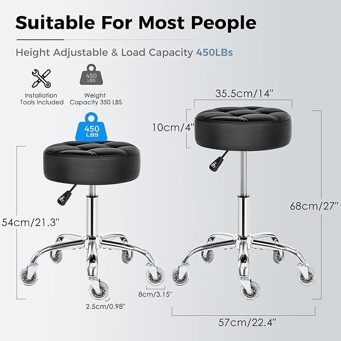 BEWISHOME Rolling Stool with Wheels, Adjustable Stool Heavy Duty 450lb, 360° Swive Rolling Chair for Massage Spa Medical Tattoo, PU Thick Seat Padding Salon Chair(Black) BYD01B