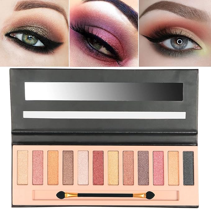 2 Pcs 12 Colors Eye Shadow Palette,Nude Matte Smokey Shimmer Glitter Eyeshadow Palette,Blendable Rich Colors,Waterproof Beauty Makeup Palette Kit with Double-Ended Makeup Brush(A+B)