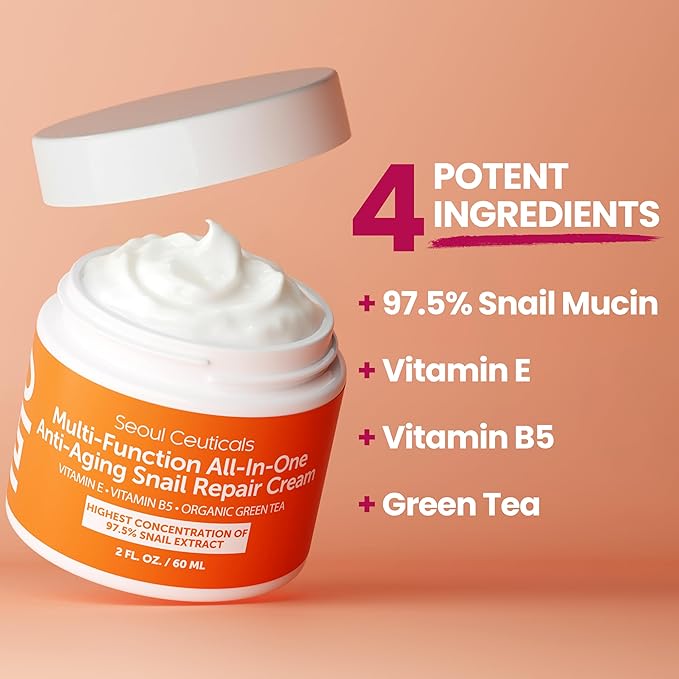 SeoulCeuticals Snail Mucin Moisturizer 97.5% - Korean Skin Care Snail Repair Cream - Day & Night Anti Aging K Beauty Skincare Cruelty Free 2oz