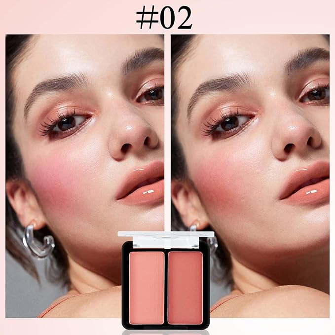 2 Colors Matte Blush Palette with Brush,Pink Blush Blusher,Highly Pigmented