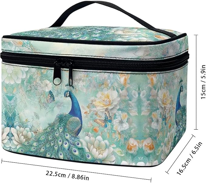 Peacock Butterfly Peony Flower Print Travel Makeup Bags for Women Portable Tote Cosmetic Case with Carry Handle Toiletry Accessories Storage Organizer Bags