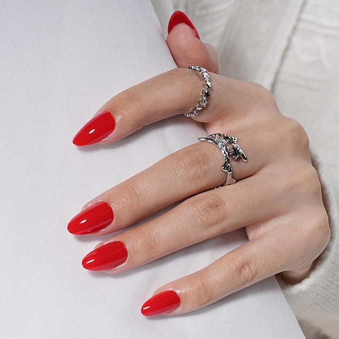 Red Press on Nails - Glossy Short Almond Press on Nail, Fake Nails Reusable Nails Press ons for Women, 32 Pieces in 16 Sizes False Nails Kit with Glue, Cherry Heat