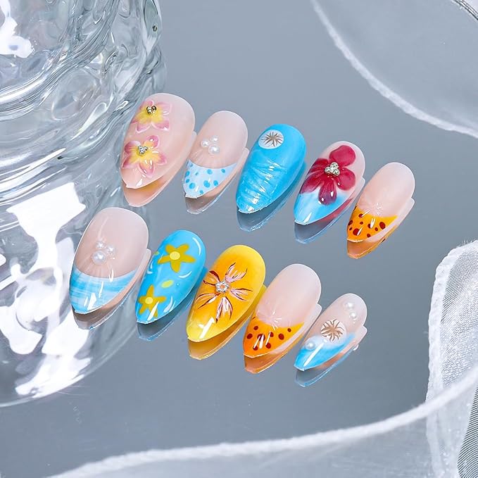 24Pcs Handmade Press on Nails Medium Almond French Tip Fake Nails with Pearl Designs 3D Flower False Nails Full Cover Artificial Glue on Nails Blue Pink Summer Acrylic Nails for Women DIY Nails Tips