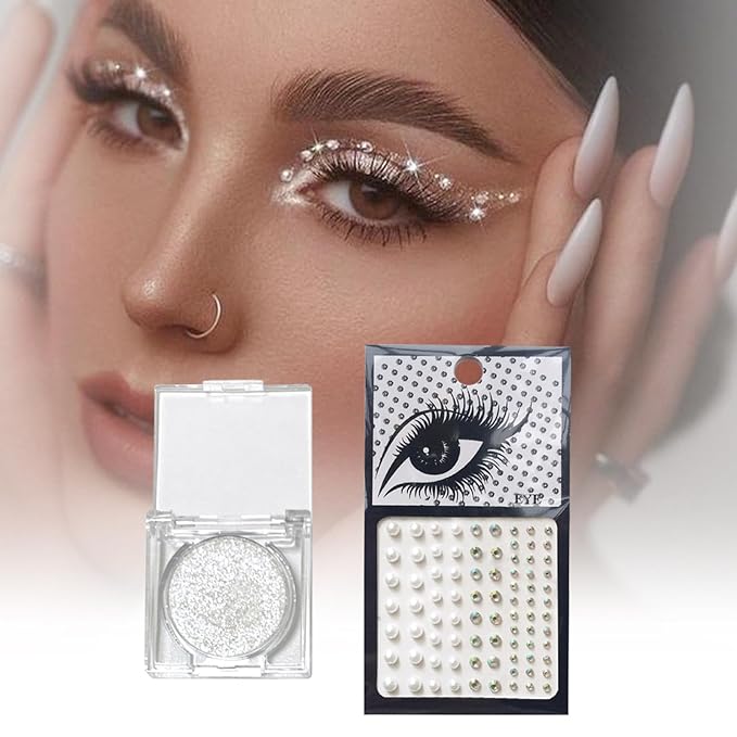 Silver Glitter Eyeshadow & 3Pcs Face Gems Stick on Set, Shimmer Cream Eye Shadow & Hair Jewels Face Rhinestones, Single Eyeshadow Palette & Body Gems Diamonds for Eye Makeup