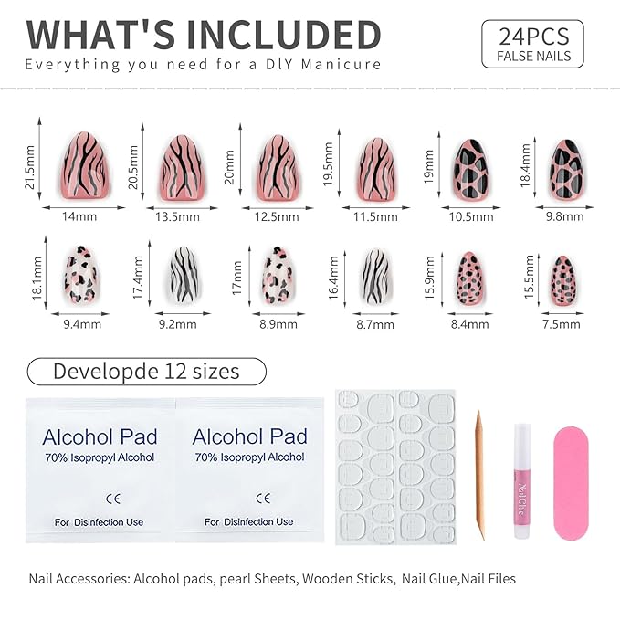 Nude Brown Almond Press On Nails Short, Edgy Fake Nails with Leopard and Zebra Detail, Glossy Gel Finish Acrylic Nails, Reusable Glue On Nail Kit for Women, Trendy Mixed Animal Design False Nail