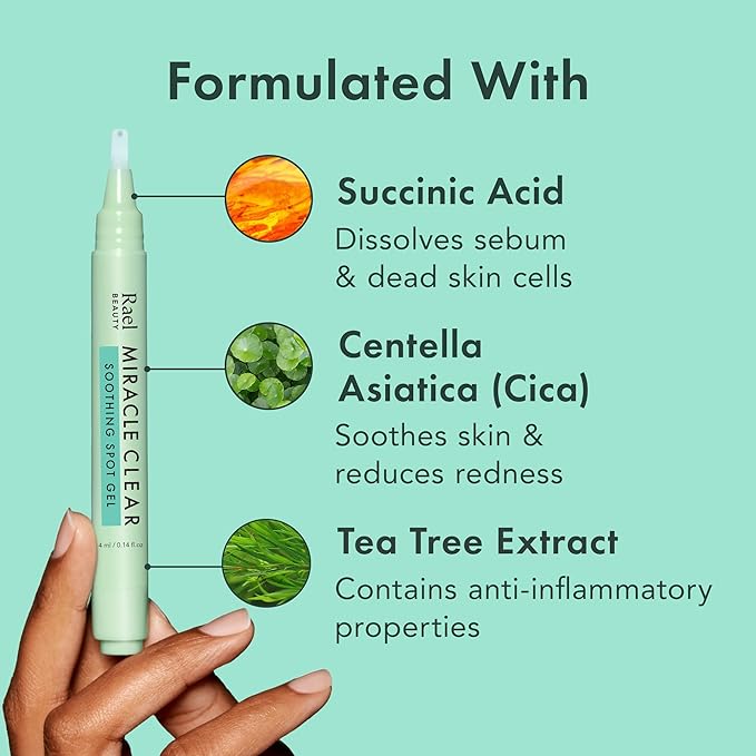 Rael Acne Spot Treatment, Miracle Clear Soothing Spot Gel Pen - Acne Gel, Pimple and Blemish Treatment, Korean Skincare, for Early Stage, Succinic Acid, Tea Tree, Cica, Vegan, Cruelty Free (0.14 oz)