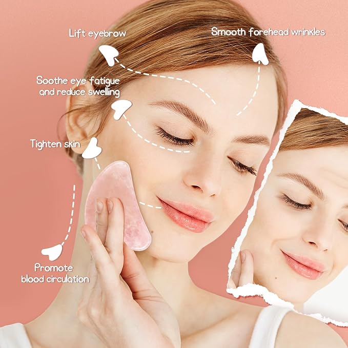 Gua Sha Rose Quartz Massage Tool, Facial Tool for Scraping and SPA Acupuncture Therapy, Heart Shape Trigger Point Treatment on Face (Rose Quartz)