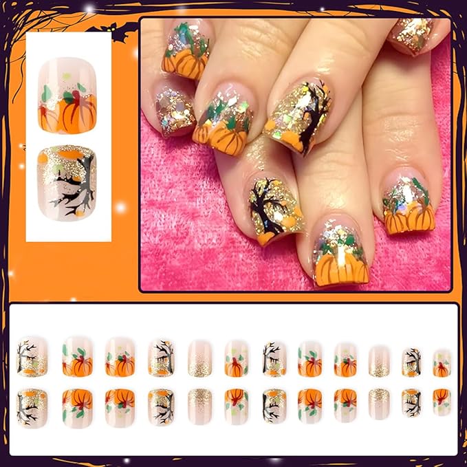 Short Square Press on Nails Halloween Fake Nails Gold Glitter False Nails Orange Pumpkin Black Tree Design French Tips Glue on Nails Fall Glossy Stick on Nail for Women Decoration Nail Art Kit