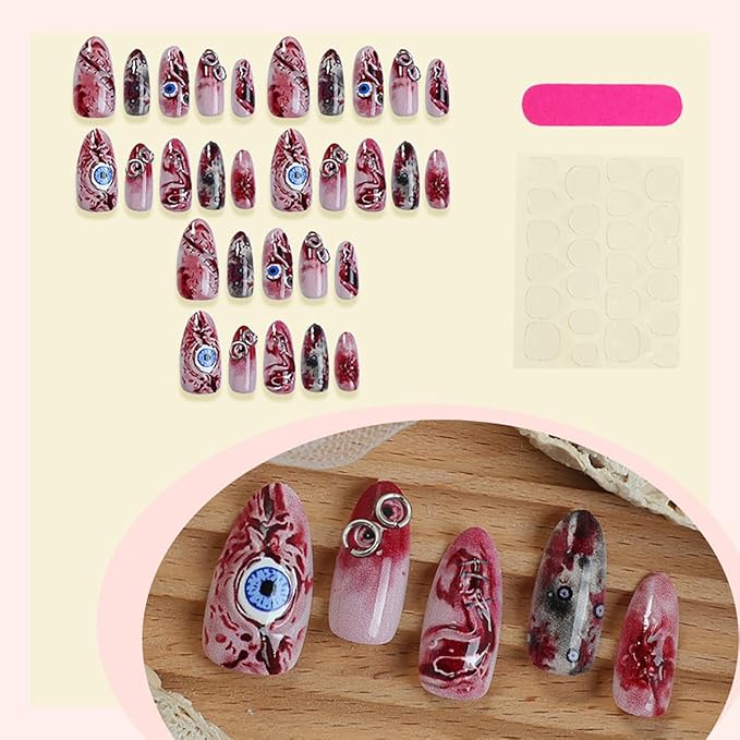 30Pcs Halloween Press on Nails Medium Almond Shaped Gothic Fake Nails Wound Stitch with Eye Red Full Cover Glue on Nails Artificial Reusable False Nails for Women Acrylic Manicure DIY