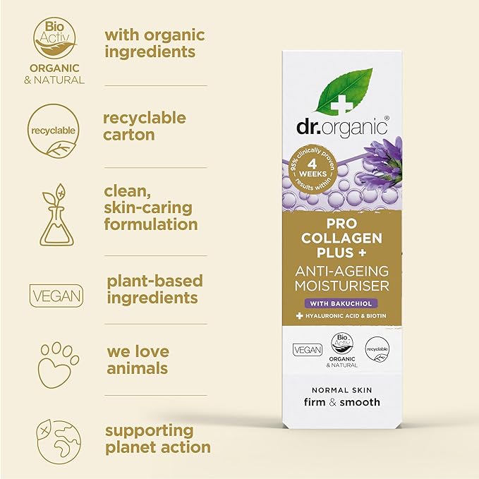 Dr. Organic Pro Collagen Plus + Anti-Ageing Moisturiser with Bakuchiol | Firm & Smooth Skin, Reduces Wrinkles, (Normal Skin) Natural, Certified Organic, Paraben & SLS-Free, 50 mL / 1.7 fl oz