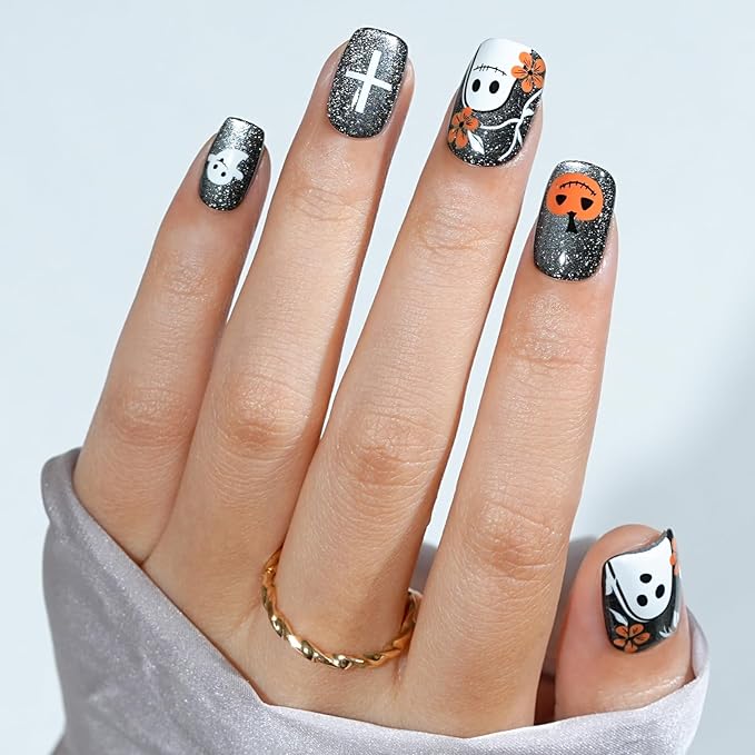 Halloween Press On Nails - Pumpkin Specter, Gray Cat Eye Halloween Nails, Acrylic Short Square Glue On Nails with Nail Glue, Fit Perfectly & Natural Stick On Nails in 16 Sizes - 32PCS Soft Gel Kit