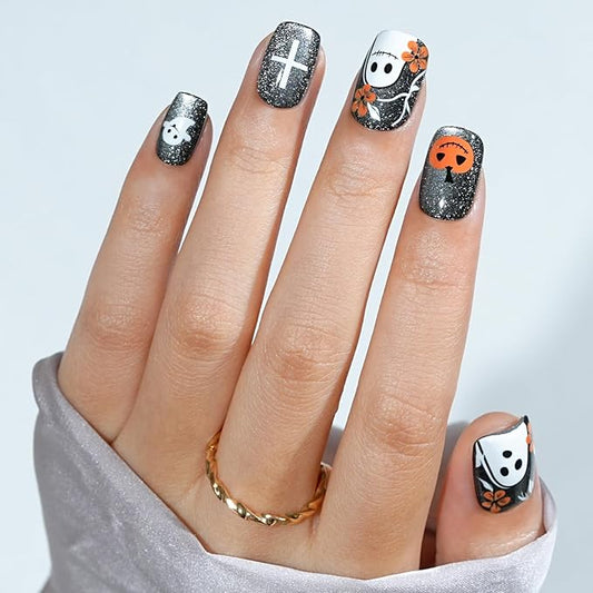 Halloween Press On Nails - Pumpkin Specter, Gray Cat Eye Halloween Nails, Acrylic Short Square Glue On Nails with Nail Glue, Fit Perfectly & Natural Stick On Nails in 16 Sizes - 32PCS Soft Gel Kit