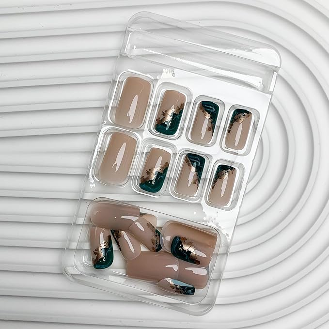 Square Press on Nails Short Acrylic Nails Green Marble Fake Nails with Gold Foil Design Glossy Nude False Nails Full Cover Glue on Nails for Women Girls Nails Decoration 24 Pcs, Style 27