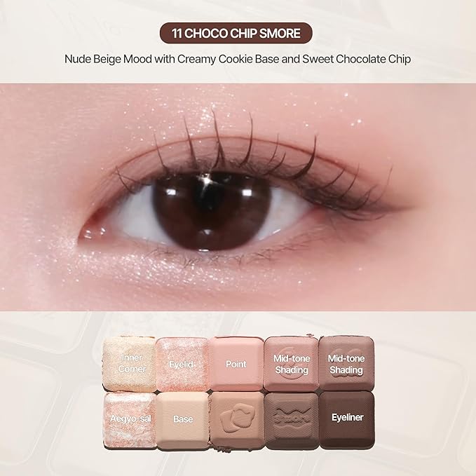 lilybyred Mood Keyboard | 10-Shade Korean Eyeshadow Palette, Highly Pigmented, Matte, Shimmer & Jelly Glitter, Smooth. Blendable, Long-Lasting, Dome-Shaped Design, 0.38 oz. (11 Chocolate Chip Smore)