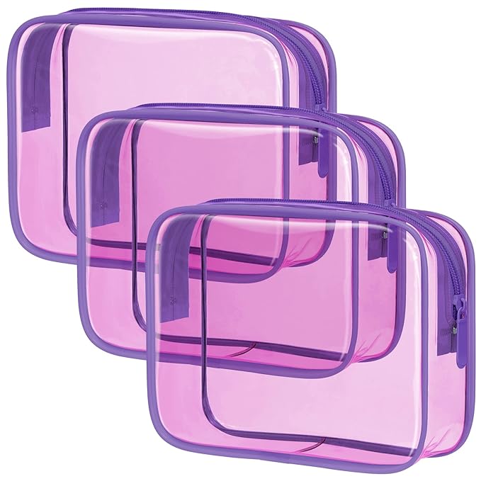 PACKISM TSA Approved Toiletry Bag - 3 Pack Quart-sized Clear Toiletry Bag with Zipper, Clear Makeup Bags Fit Travel Size Toiletries, Carry-onTravel Bags, Light Pinkish Purple