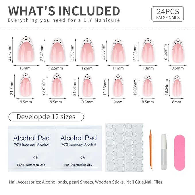 Press On Nails Almond Medium – Nude Pink French Tips with Black & White Polka Dot Design, 24PCS Glossy Acrylic Fake Nails, Reusable Stick On Nails Kit with Glue & Tools for Women, Trendy DIY Manicure
