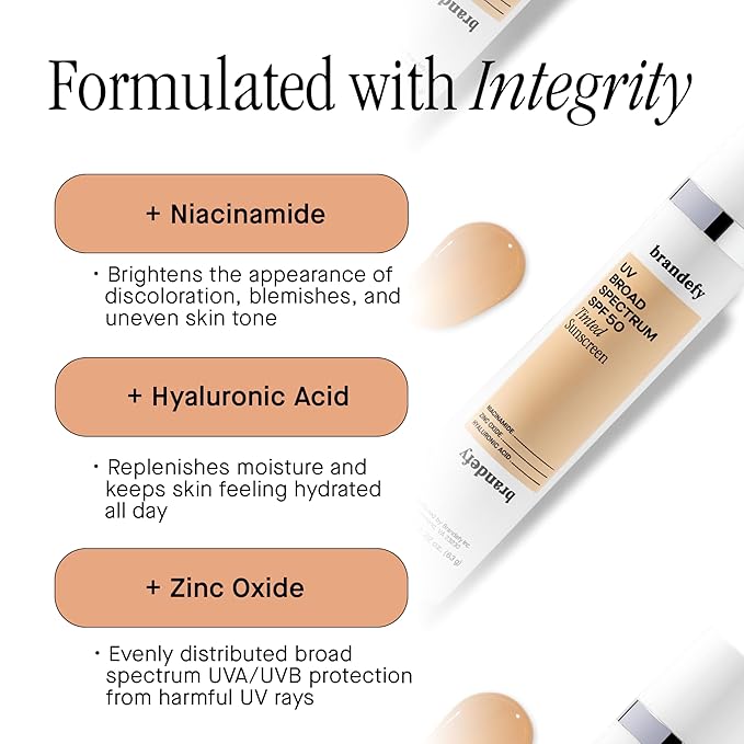 Brandefy UV Tinted SPF 50 Face Sunscreen - Broad Spectrum with Clear Zinc Oxide, 2.2 oz Pump - Made In The USA.