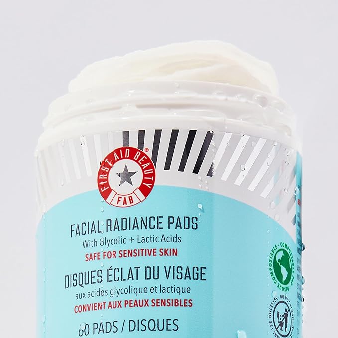 First Aid Beauty - Facial Radiance Pads with Glycolic & Lactic Acids, Daily Exfoliating Pads with AHA that Help Tone & Brighten Skin, One-Step Makeup Prep, Compostable for Daily Use, 60 ct