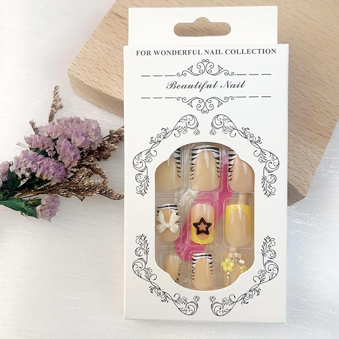 Short Square Press on Nails Bow Fake Nails French Tips False Nails Zebra Print 3D Bow Flower Star with Rhinestone Design Cute Stick on Nail Acrylic Artificial Nail for Women Decor Manicure Accessories