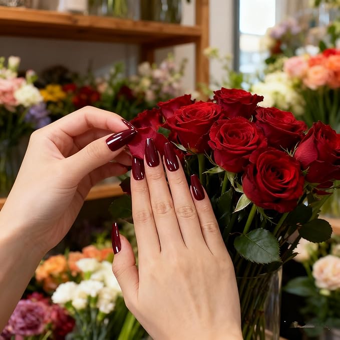 Glossy Deep Cherry Red Fake Nails Long Ballerina Coffin Press on False Nails Manicure Nail Tips Set for Women Girls Finger Wearable