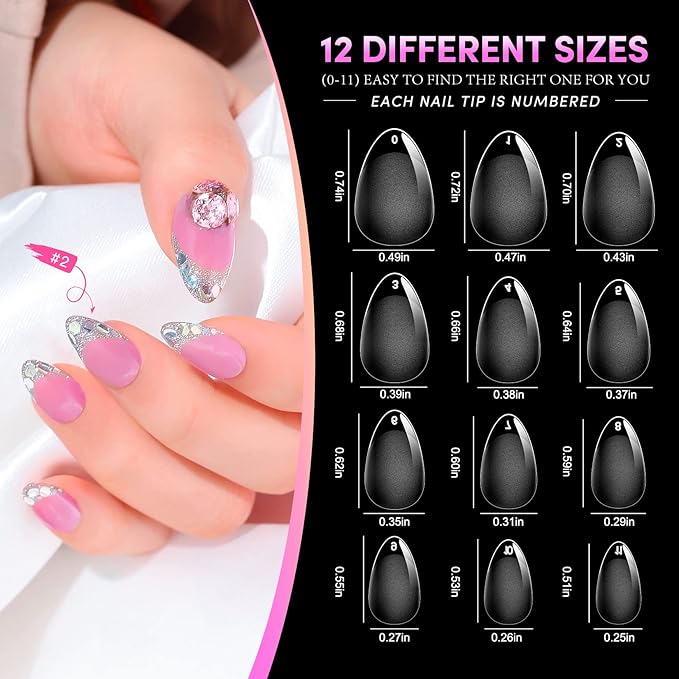 krofaue Almond Nail Tips 240pcs - Half Matte Short Press On Nails, 12 Sizes Pre-Shaped Extra Short Clear Tips for Full Cover Nail Extensions DIY