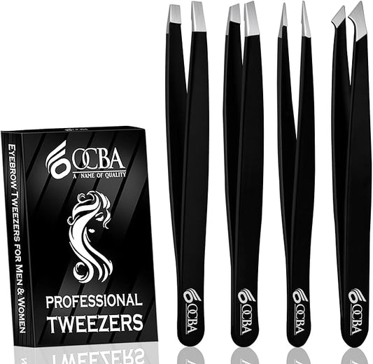4 Pcs Tweezers for Facial Hair Women & Men for Precise Grooming of Eyebrows - Professional Stainless Steel Black Color Coated Eyebrow Tweezers for Ingrown Hair on Nose Ear
