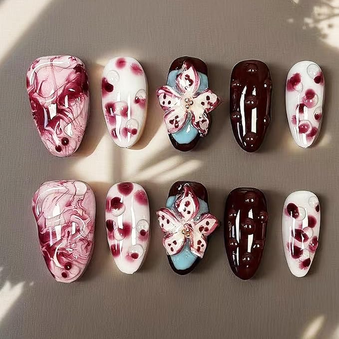 10Pcs Handmade Press on Nails Short Almond Fake Nails Tropical Flower Artificial Nails with 3D Rhinestones Designs Summer False Nails Red Glossy Acrylic Nails Full Cover Stick on Nails for Women