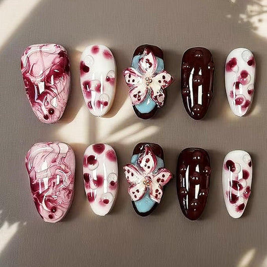 10Pcs Handmade Press on Nails Short Almond Fake Nails Tropical Flower Artificial Nails with 3D Rhinestones Designs Summer False Nails Red Glossy Acrylic Nails Full Cover Stick on Nails for Women
