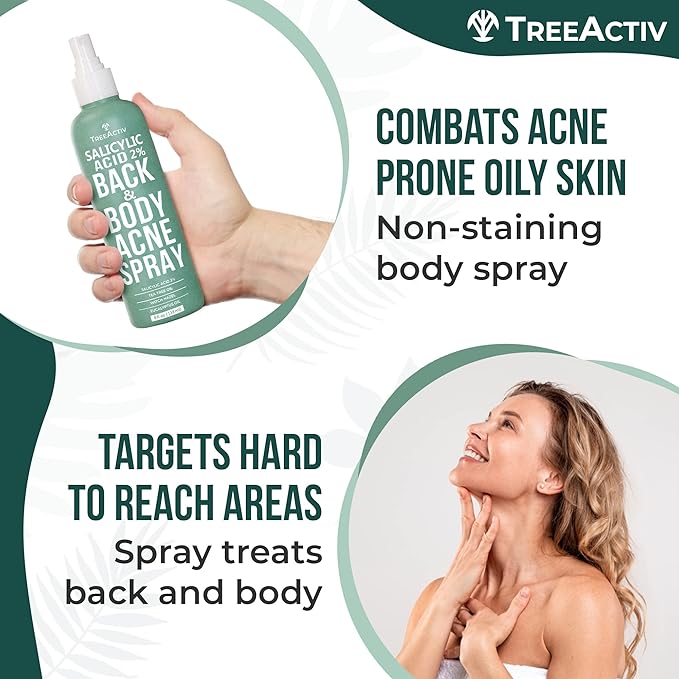Salicylic Acid Back & Body Acne Spray, Back Acne Solution For Women And Men, Acne Body Spray with Tea Tree Oil, Fast-Drying Back Acne Spray, Fine Mist, Back Acne Treatment Spray, 4 fl oz, 2-pack