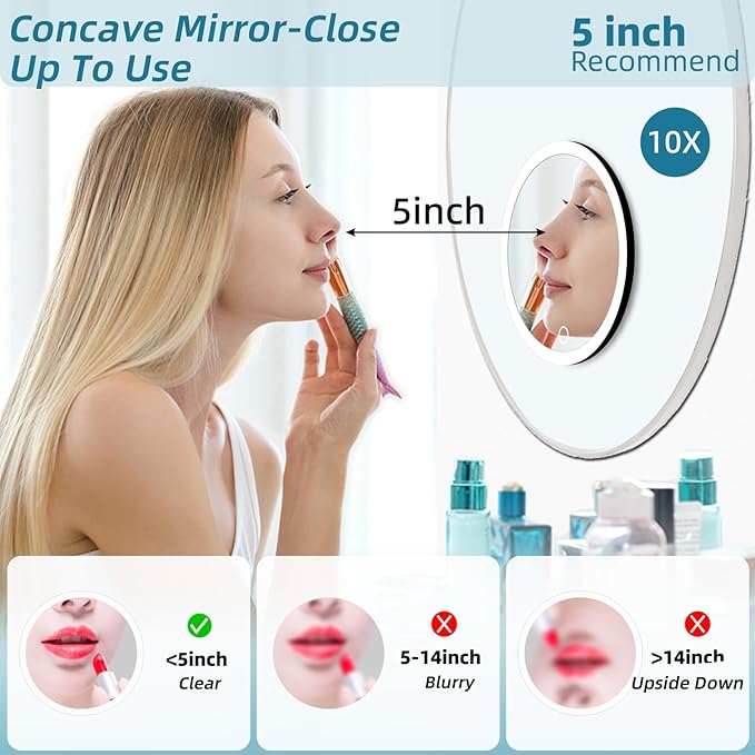 10x Lighted Magnifying Mirror with Suction Cups, Large 6'' Magnified Mirror with Light High Magnification Travel Makeup Mirror, Rechargeable Battery, 3 Colors Dimming Light, with Tweezers &Scissors