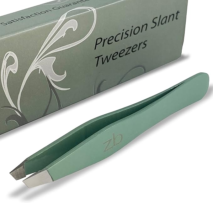 Tweezers – Surgical Grade Stainless Steel - Slant Tip for Expert Eyebrow Shaping and Facial Hair Removal – with Protective Pouch (Sage)