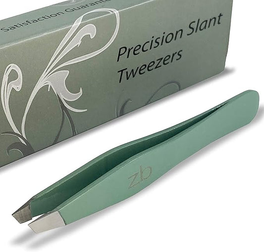 Tweezers – Surgical Grade Stainless Steel - Slant Tip for Expert Eyebrow Shaping and Facial Hair Removal – with Protective Pouch (Sage)