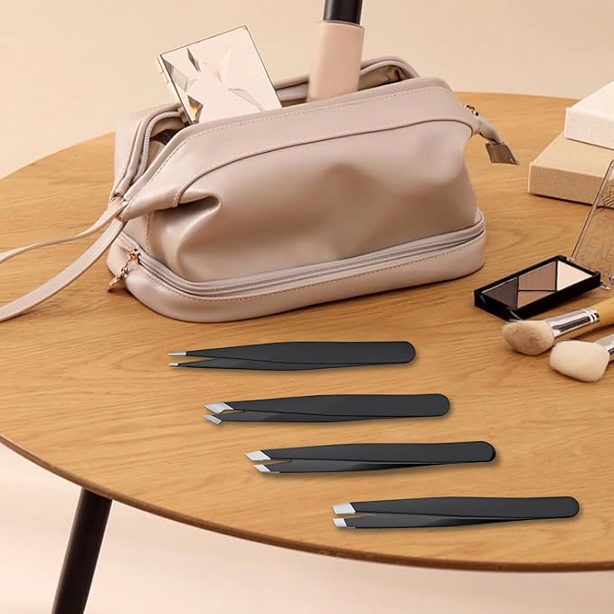 4 PCS Stainless Steel Tweezers Set – Precision Tweezers for Ingrown Hair, Facial Hair, Splinter, Blackhead and Tick Remover