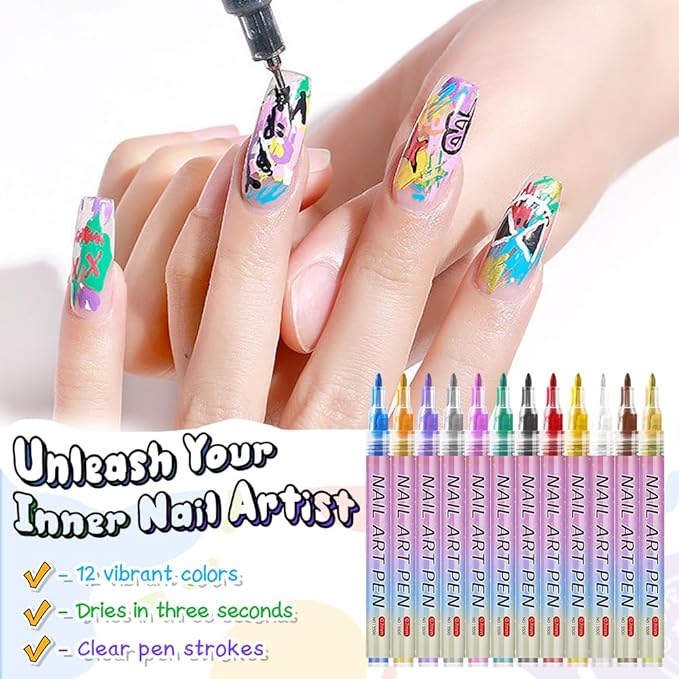 12 Colors Nail Art Pens Set, 2026 New Nail Art Pens for Painting Nails, Nail Art Markers Doodle Pen, Nail Art Tools for Dotting Drawing Painting Point Liner DIY, Quick Dry (3 Set, 0.7mm)