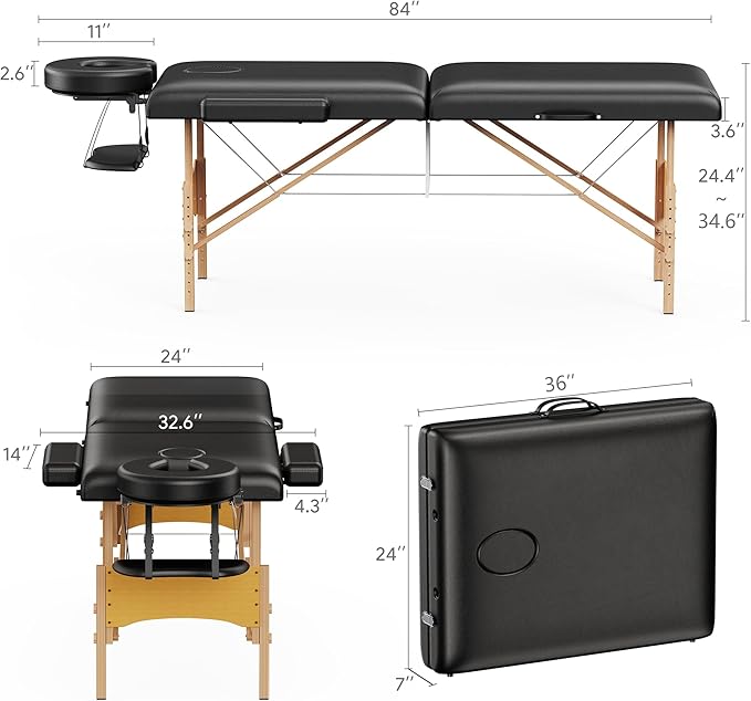 Brelley Massage Table Portable Wooden Lash Bed 24" Wide Adjustable Height 2-Fold Spa Table Foldable Tattoo Bed (Black)