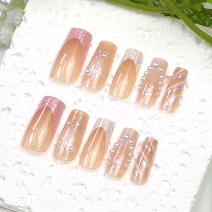 Winter Press on Nails Medium Square Fake Nails Pink White French Tip Nails Press ons with Pearl Snowflake Designs Gradient Nude False Nails for Women 24Pcs