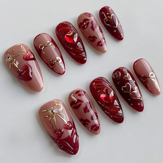 24Pcs Red Press on Nails Medium Almond Fake Nails Gold Bow Heart with 3D Rhinestones Design Full Cover Glitter Glue on Nails French Tip False Nails for Women Girls Acrylic Nail Decorations Accessories