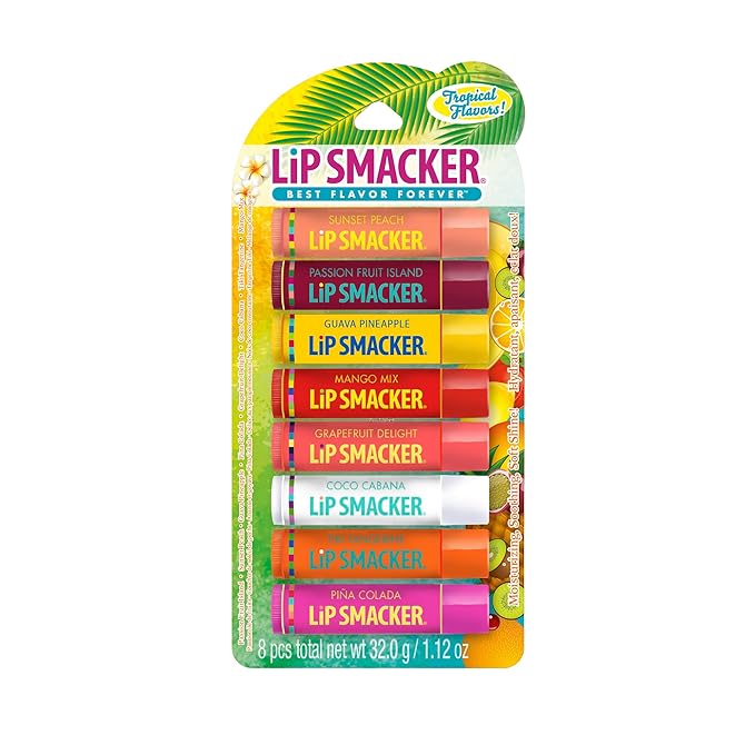 Lip Smacker Flavored Lip Balm Tropic Fever 8 Count (Pack of 1), Passion Fruit, Peach, Breezey-Teazey, Pina Colada, Grapefruit, Coca Cabana, Tangerine, Mango, Clear