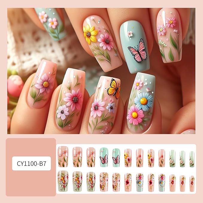 24Pcs Flower Press on Nails Medium Ballet Shaped Butterfly False Nail Colorful Floral Pattern Design Full Cover Artificial Stick on Nail Press Ons with Blossom Glossy Acrylic Glue on Nails for Women